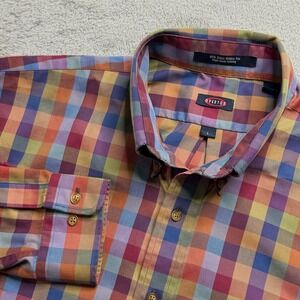 Overton Mens Rainbow Check Cotton Wrinkle Free Button Down Shirt Large